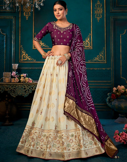 stylish pansy purple dola silk designer traditional wear lehenga choli collection with cream dola silk ie-1751 Front View